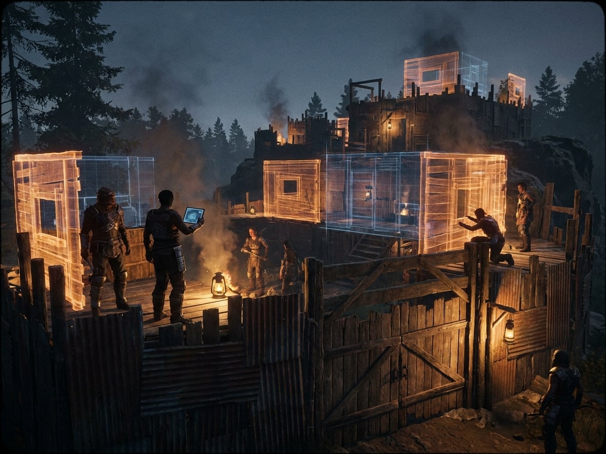 A clan building a base together on one large island on The Greenhouse