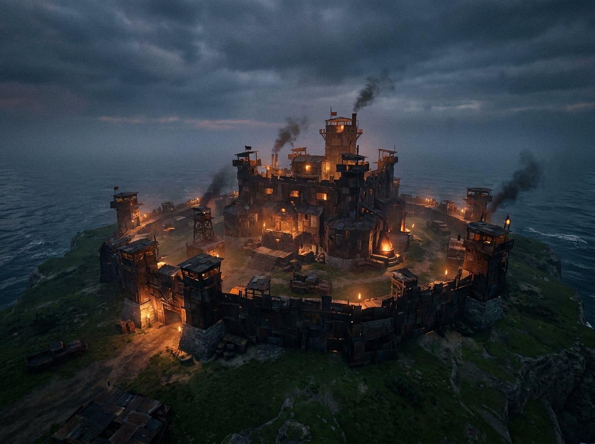 Aerial view of a massive mega-base compound on a large island on The Greenhouse
