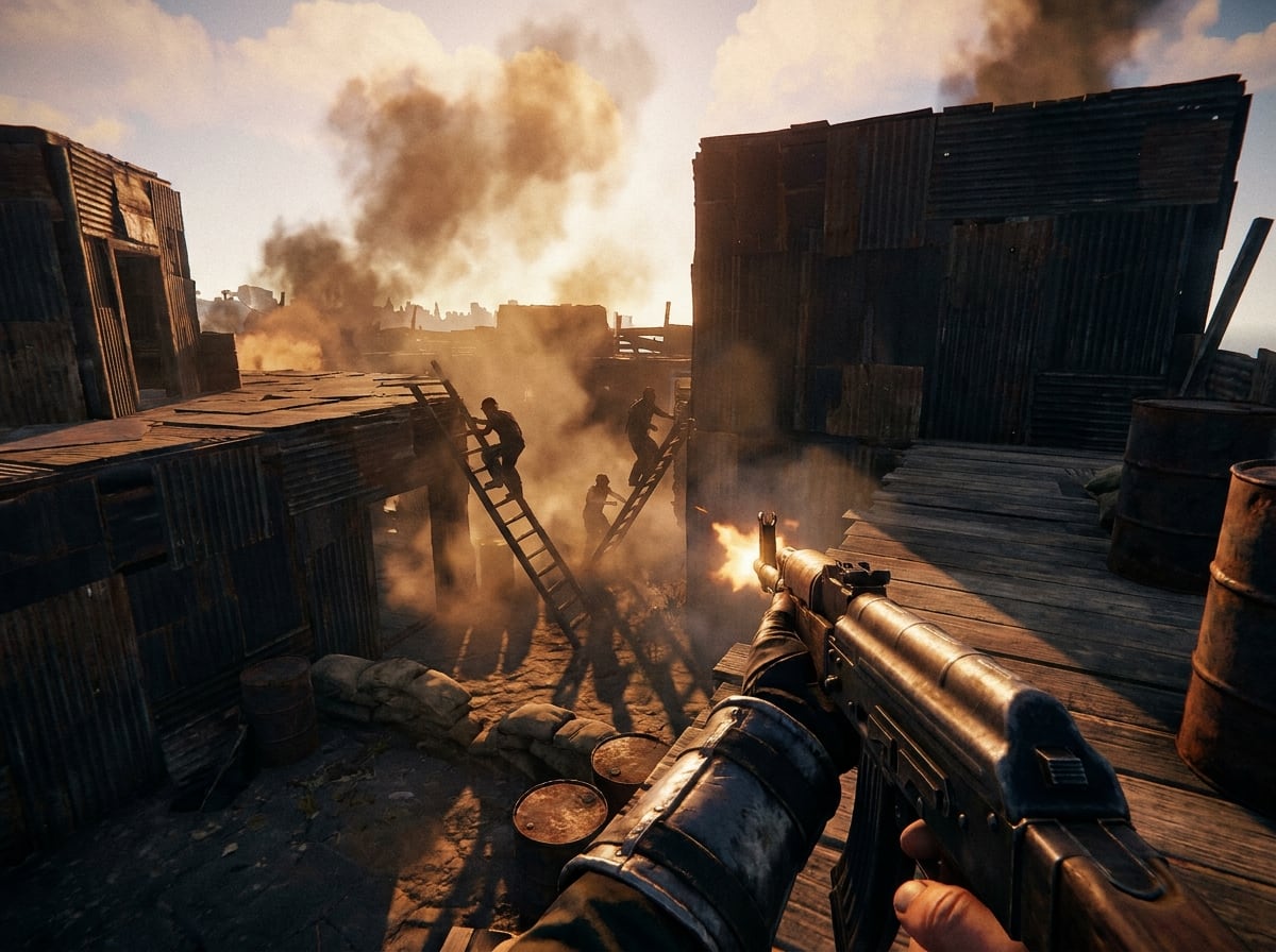 Rooftop PVP firefight on a player base on The Greenhouse Rust build server